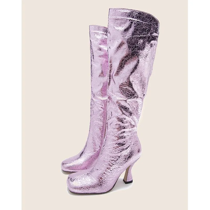 Women square toed sequin stiletto high heel knee high boots