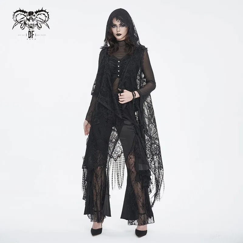 Women's Gothic Lace Mesh Back Floral Crocheted Cape with Hood