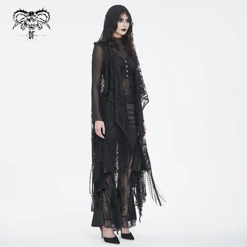 Women's Gothic Lace Mesh Back Floral Crocheted Cape with Hood