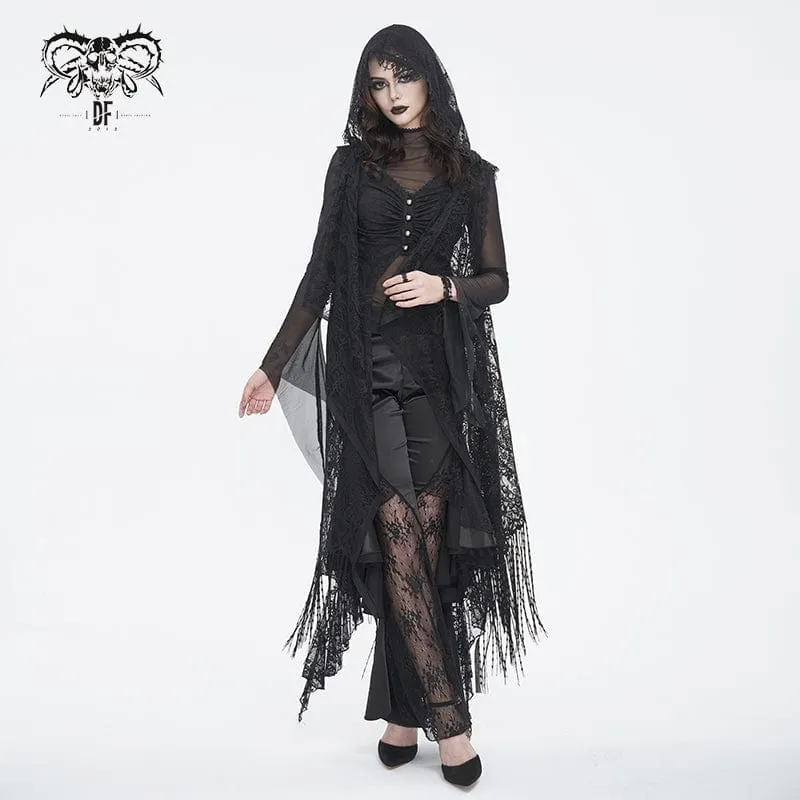 Women's Gothic Lace Mesh Back Floral Crocheted Cape with Hood