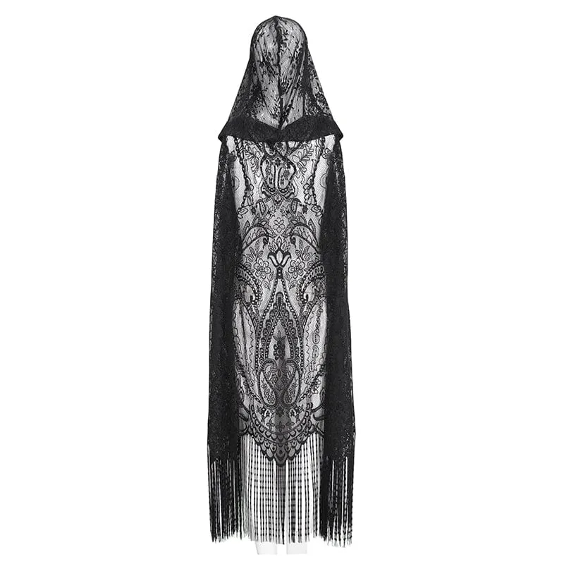 Women's Gothic Lace Mesh Back Floral Crocheted Cape with Hood