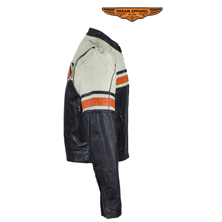 Women's Leather Racer Jacket With Upper Half Cream & Orange Stripe Across Chest