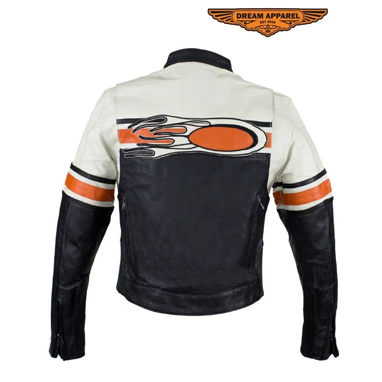 Women's Leather Racer Jacket With Upper Half Cream & Orange Stripe Across Chest