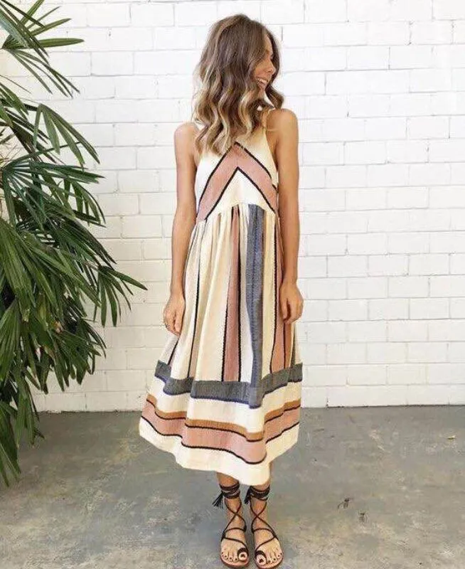 Women's Summer O-Neck Striped A-Line Sleeveless Long Beach Dress