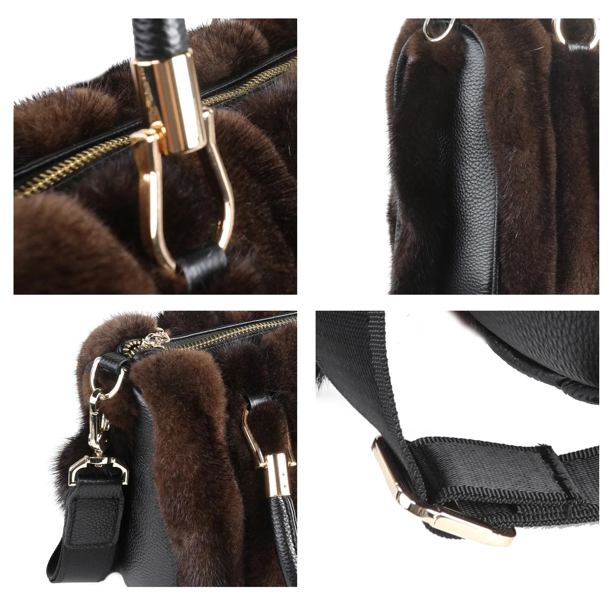 Women's Winter Brown Mink Fur Shoulder Handbag Leather Ladies Bag FS19805