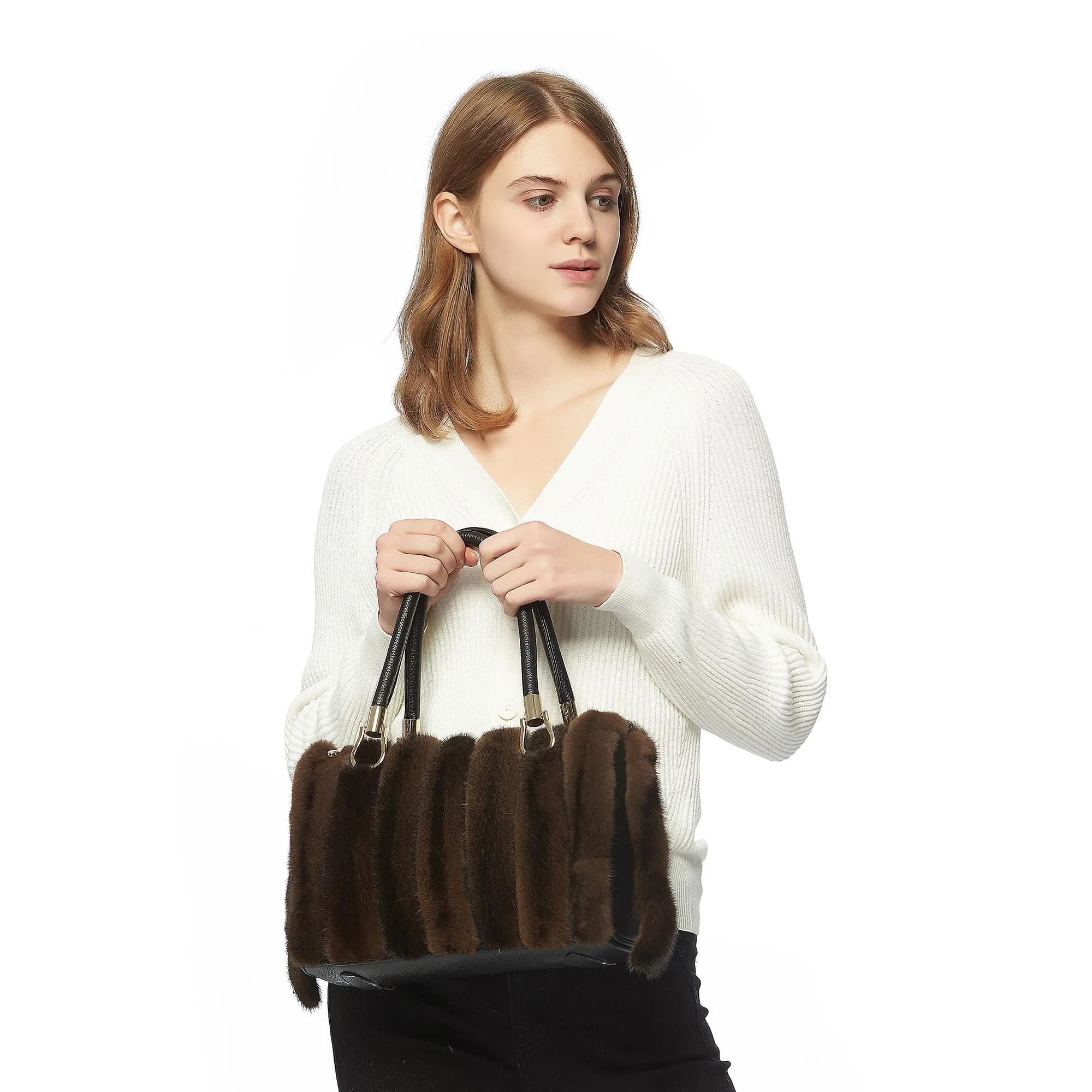 Women's Winter Brown Mink Fur Shoulder Handbag Leather Ladies Bag FS19805